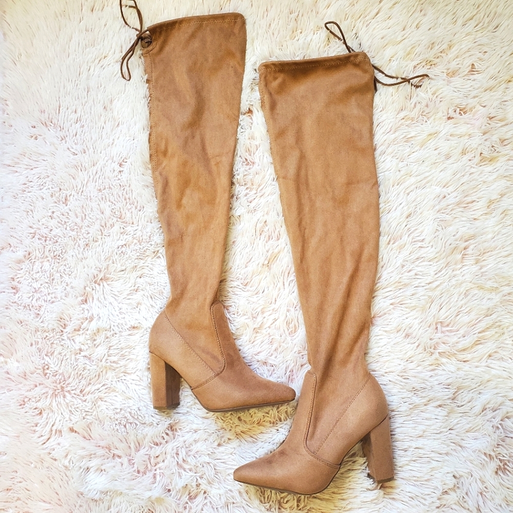Over The Knee Tie Back Zip Up Pointed Toe Tan Suede 4" Heel Sock Boots Size 6.5